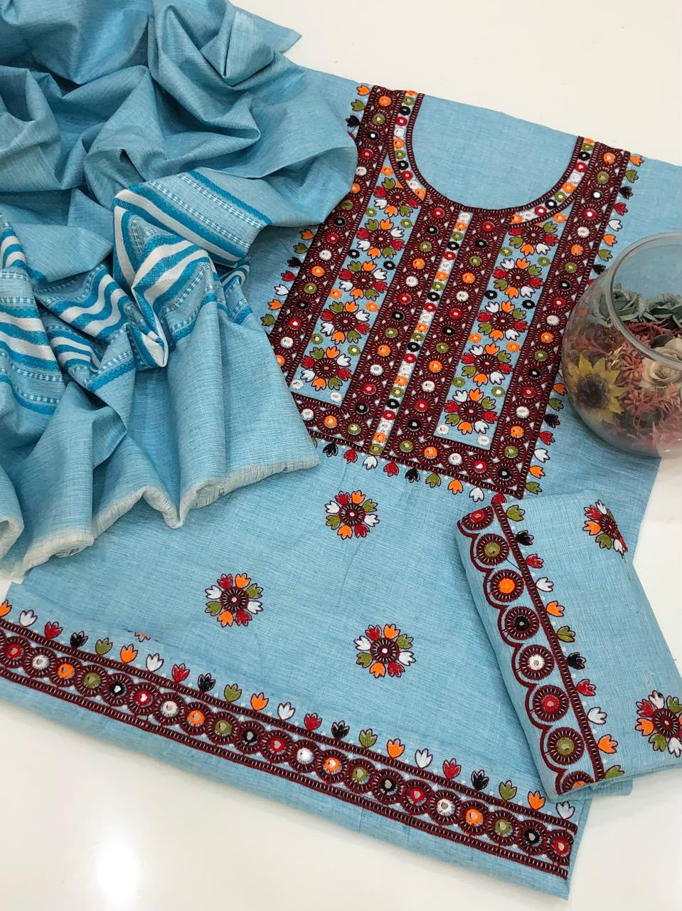 Balochi Galla Daman Embroidery Suit - Sky Blue