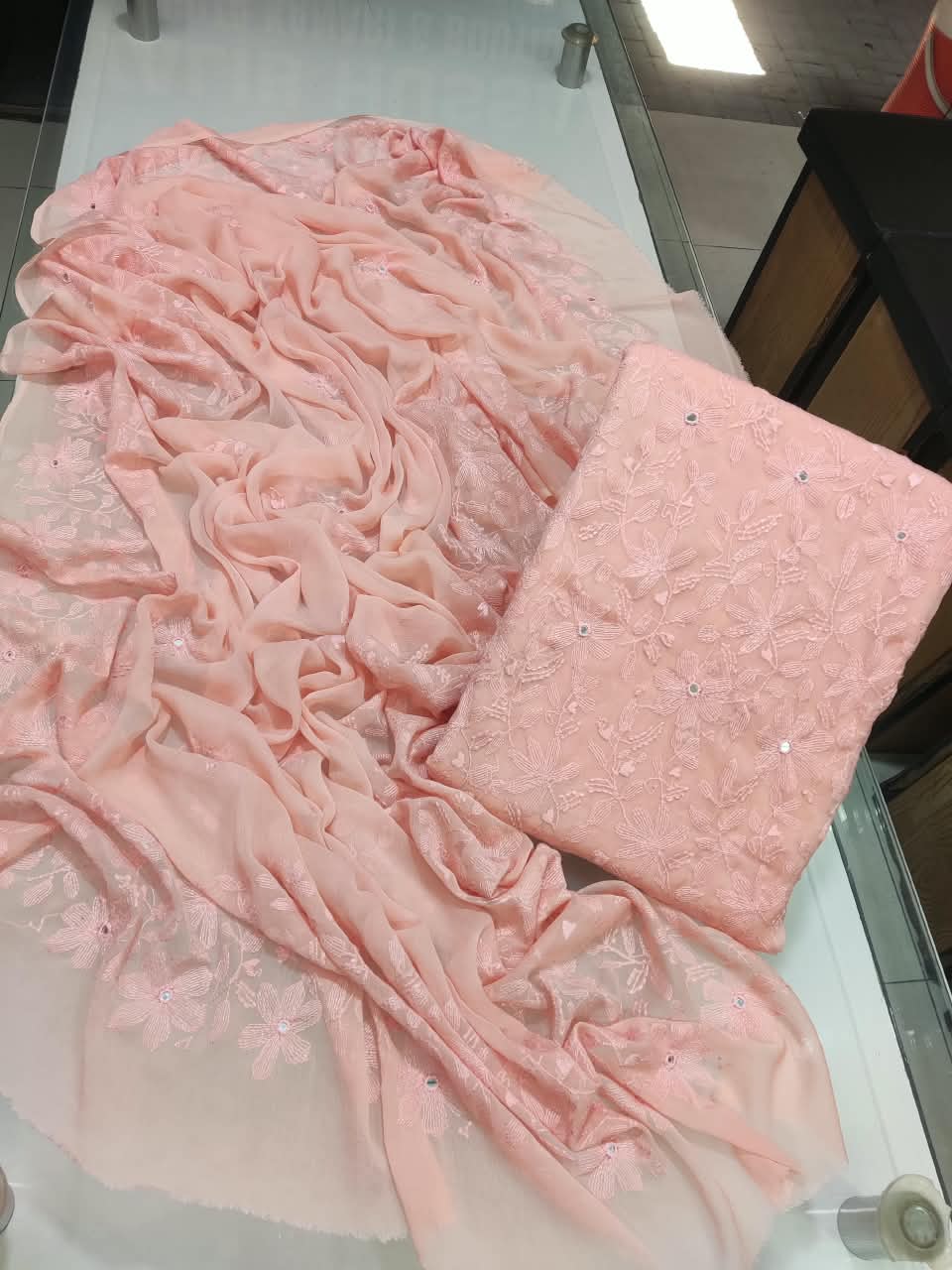 Bamber Chiffon Kacha Sheesha Work Suit - Salmon Pink