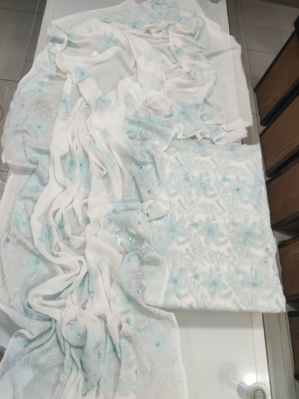 Bamber Chiffon Kacha Sheesha Work Suit - Ice Mint