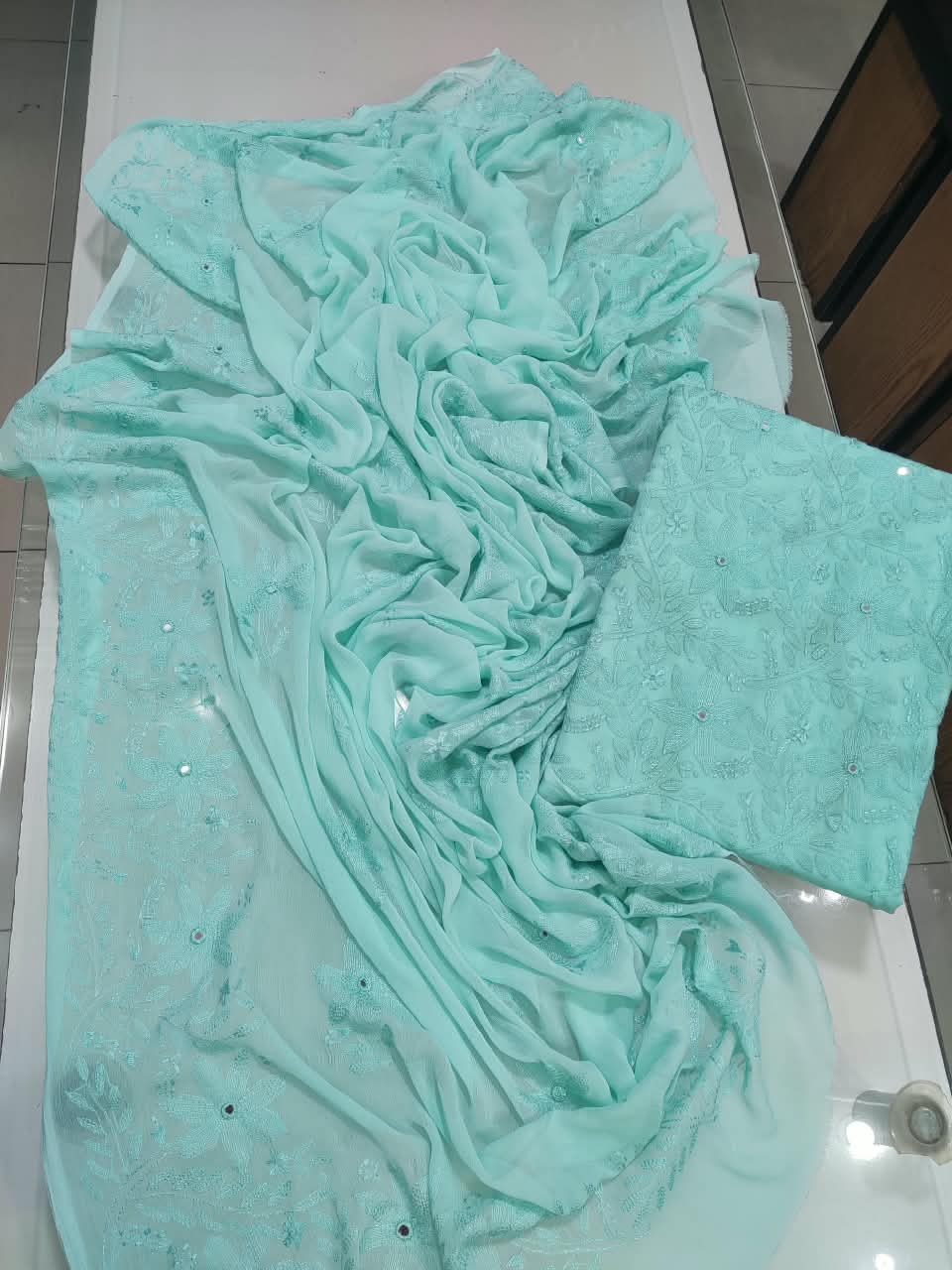 Bamber Chiffon Kacha Sheesha Work Suit - Mint Green