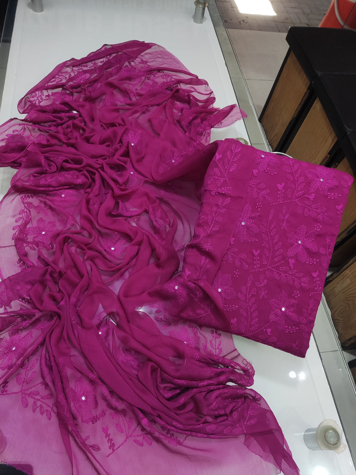 Bamber Chiffon Kacha Sheesha Work Suit - Magenta
