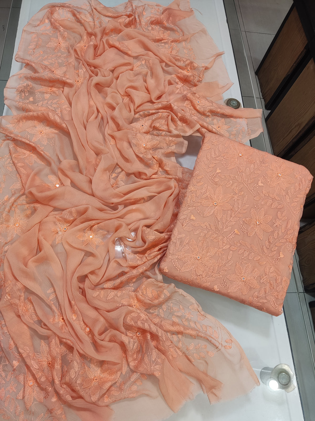 Bamber Chiffon Kacha Sheesha Work Suit - Light Peach