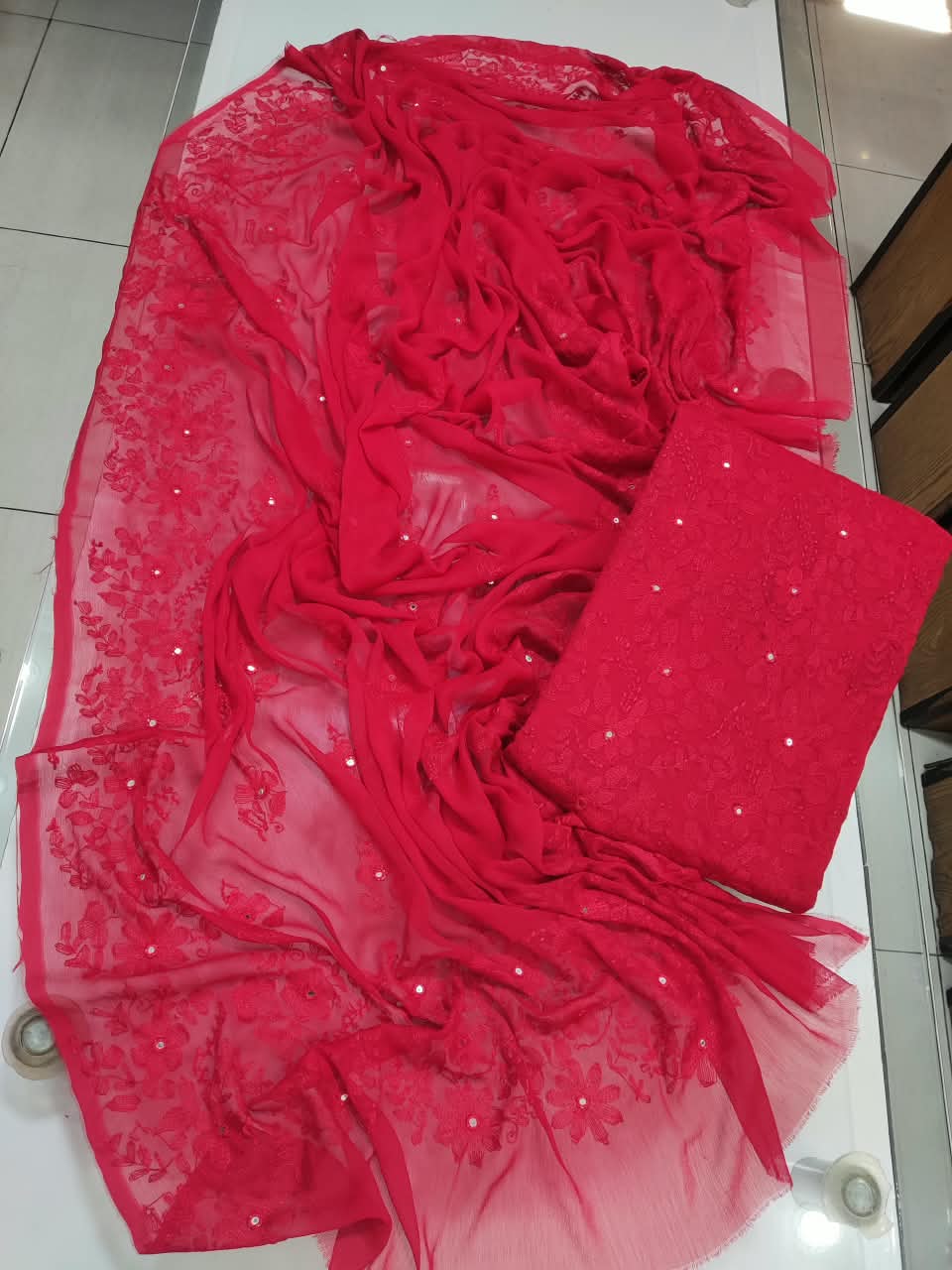 Bamber Chiffon Kacha Sheesha Work Suit - Rani Pink