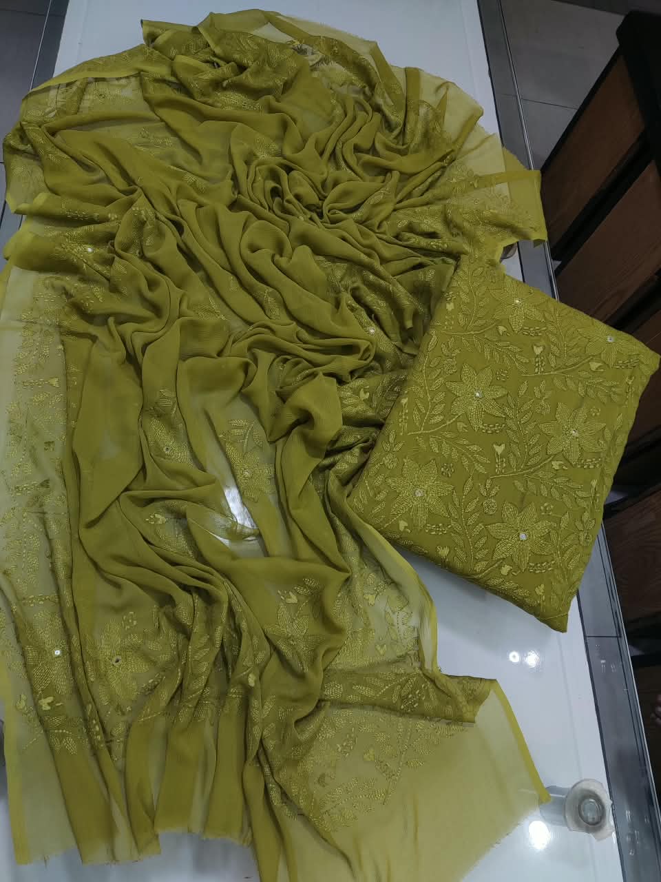 Bamber Chiffon Kacha Sheesha Work Suit - Olive Green