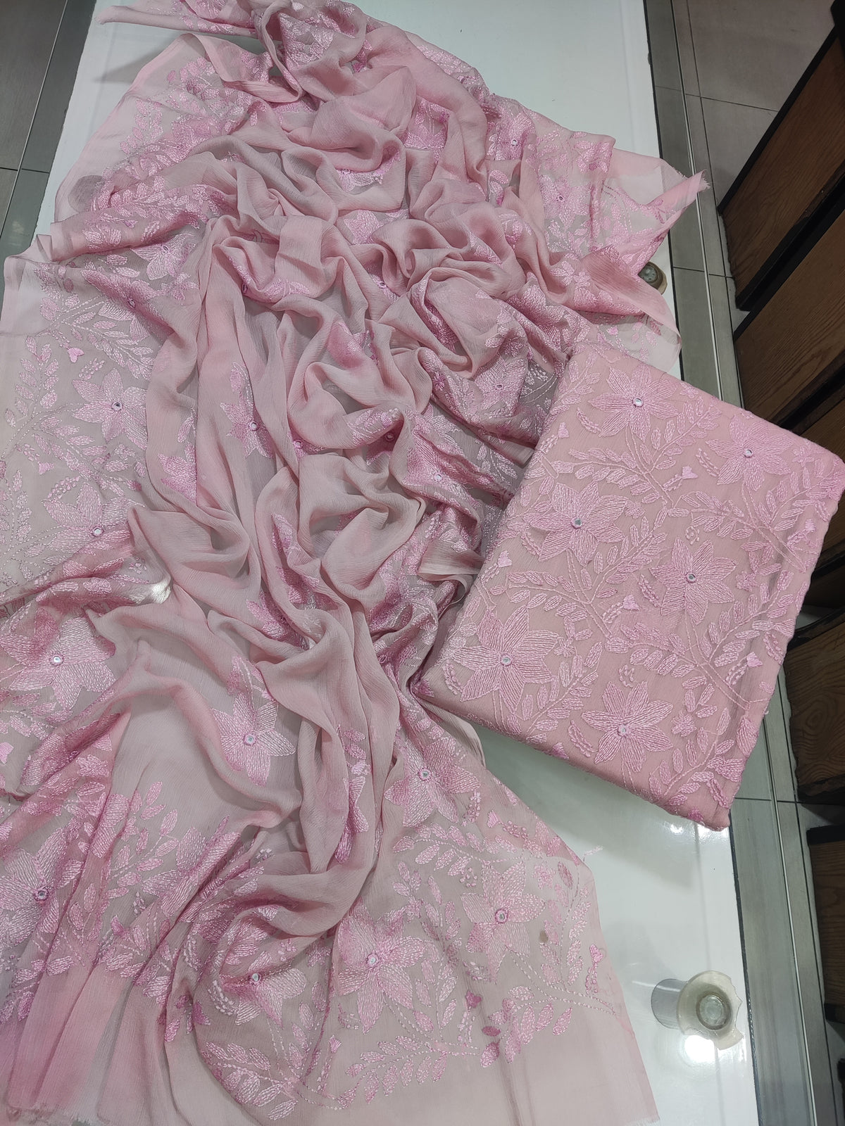 Bamber Chiffon Kacha Sheesha Work Suit - Blush Pink