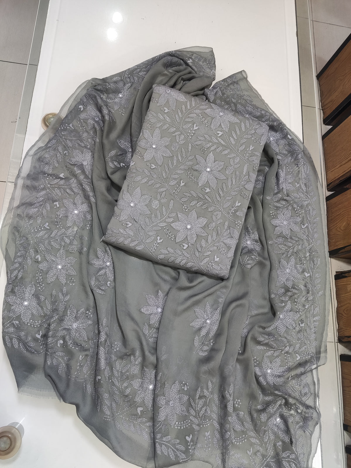 Bamber Chiffon Kacha Sheesha Work Suit - Grey