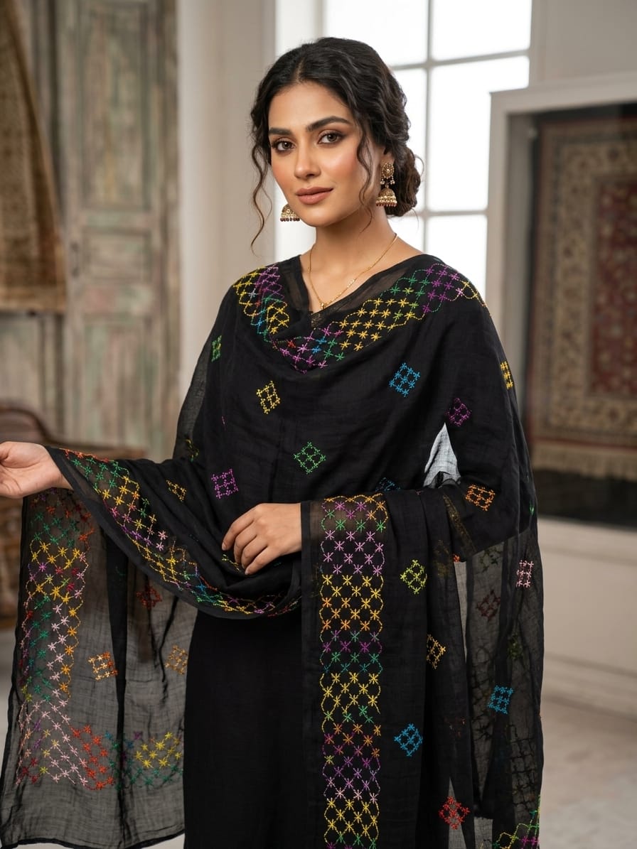 Handmade Chiffon Shawl - Black, worn