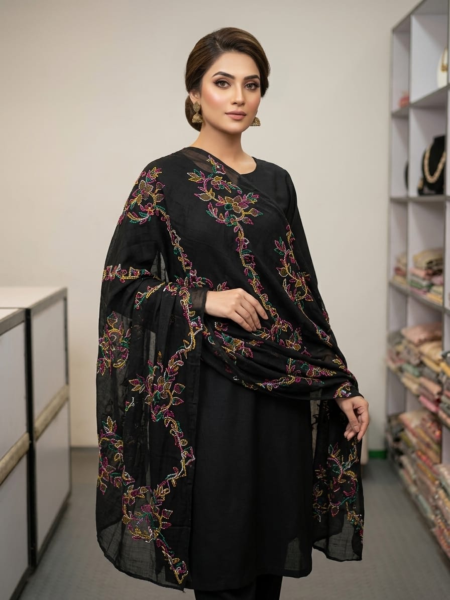 Handmade Chiffon Shawl - Black, worn draped