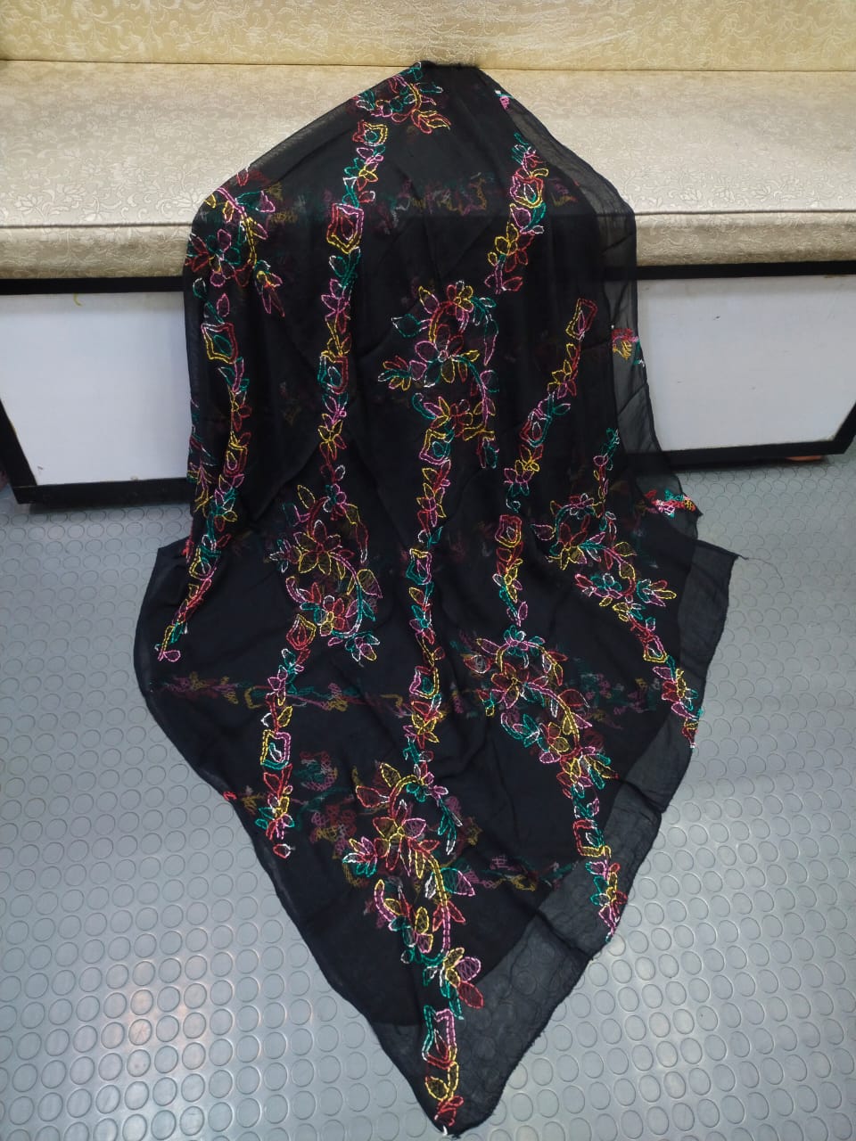 Handmade Chiffon Shawl - Black, flat lay