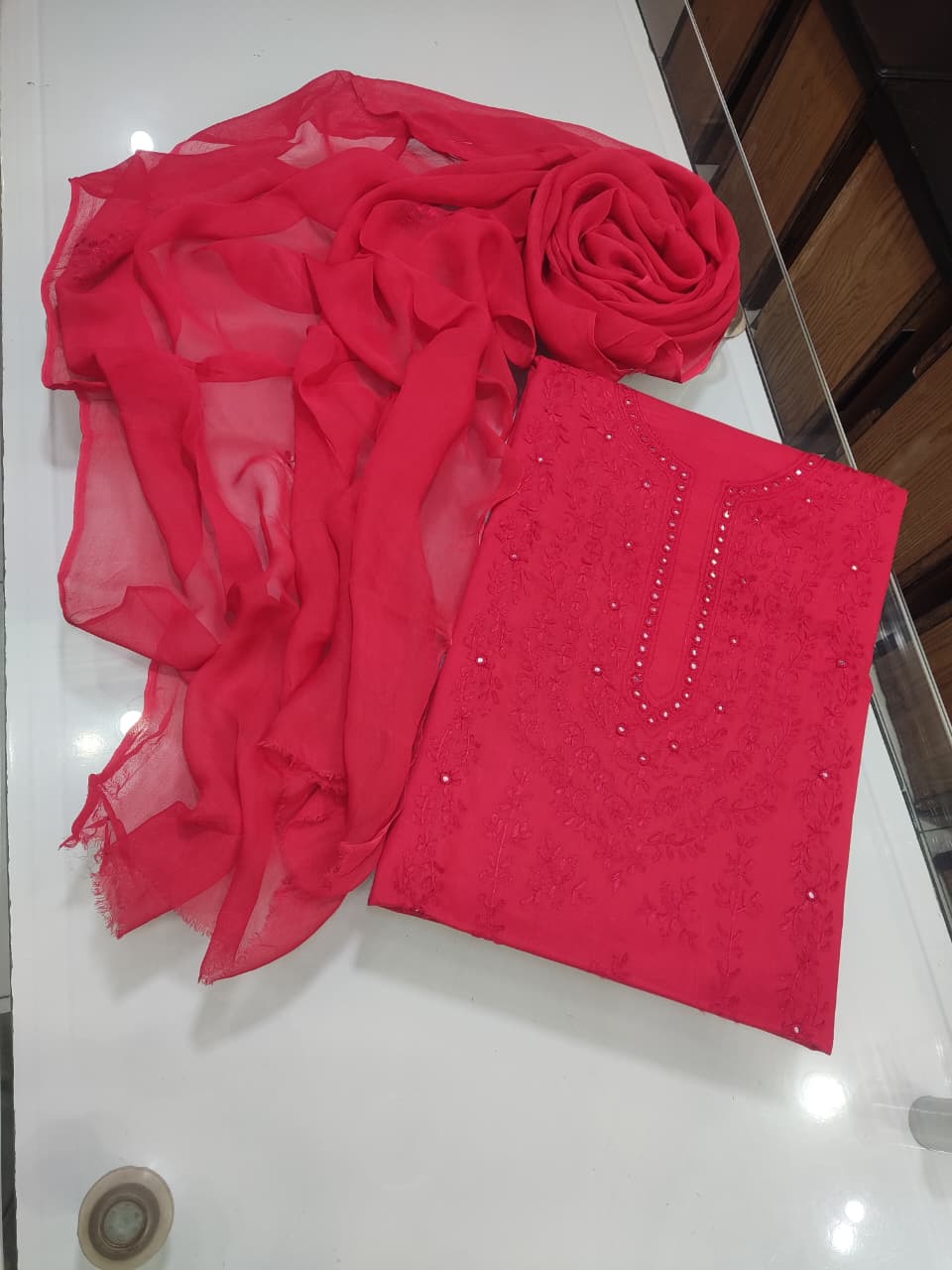 Breeze Lawn Pakka Tanka Mirror Work - Peach