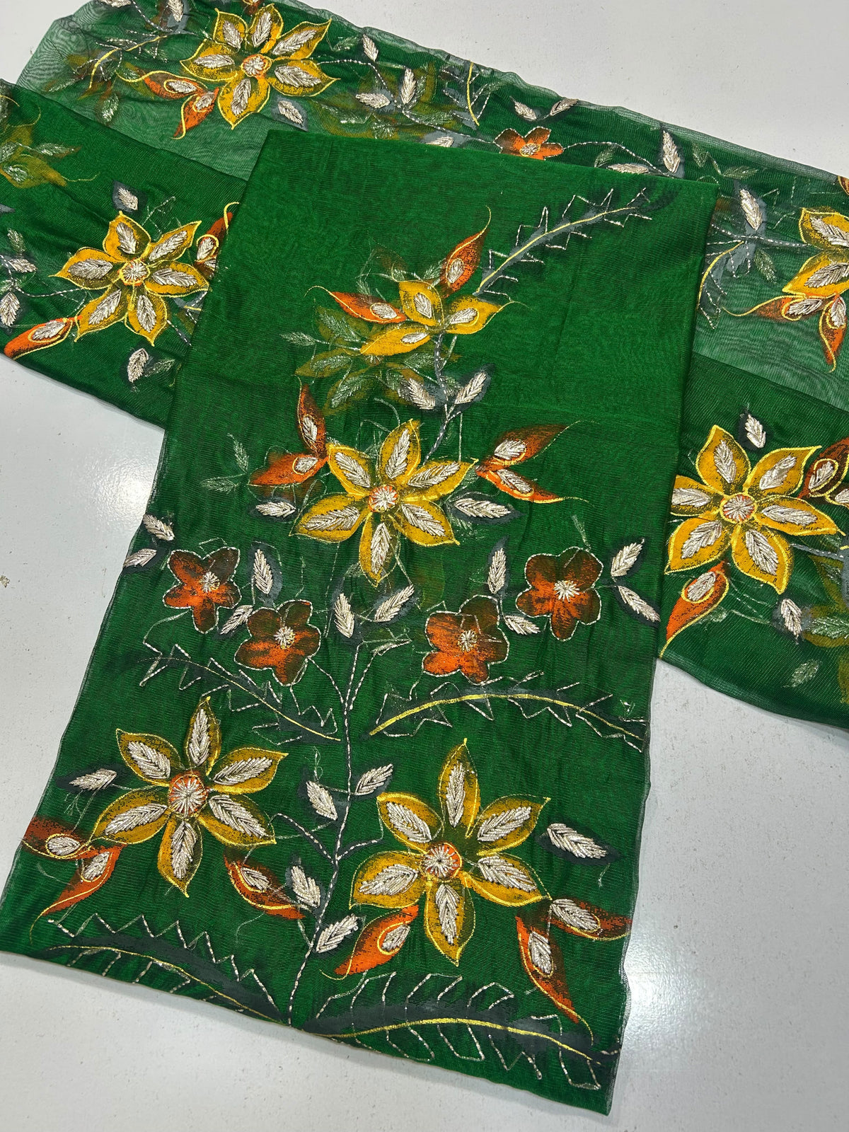Brush Paint Marori Gota Work Suit - 2Pc Shirt & Dupatta - Bottle Green & Mustard