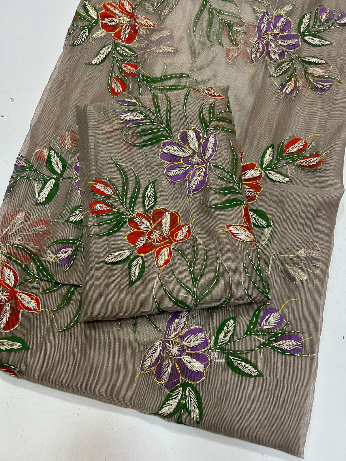 Brush Paint Marori Gota Work Suit - 2Pc Shirt & Dupatta - Grey & Red