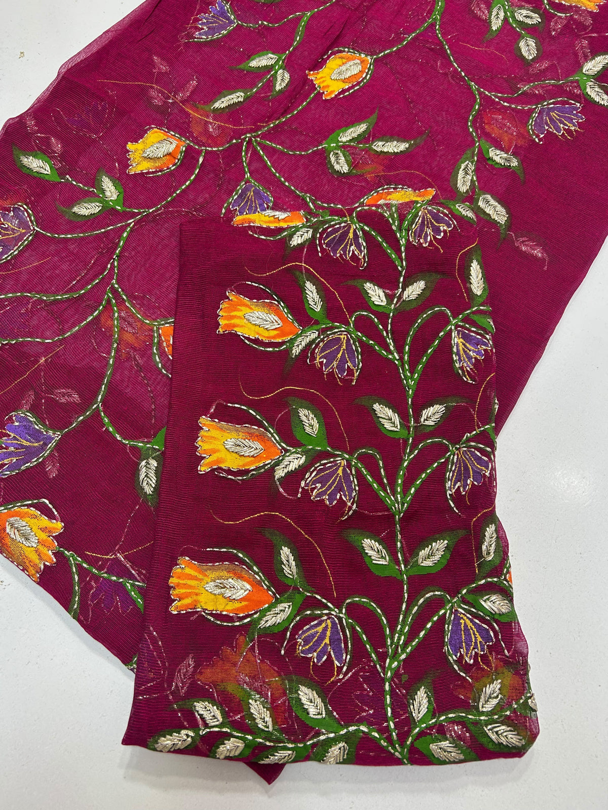 Brush Paint Marori Gota Work Suit - 2Pc Shirt & Dupatta - Magenta & Orange
