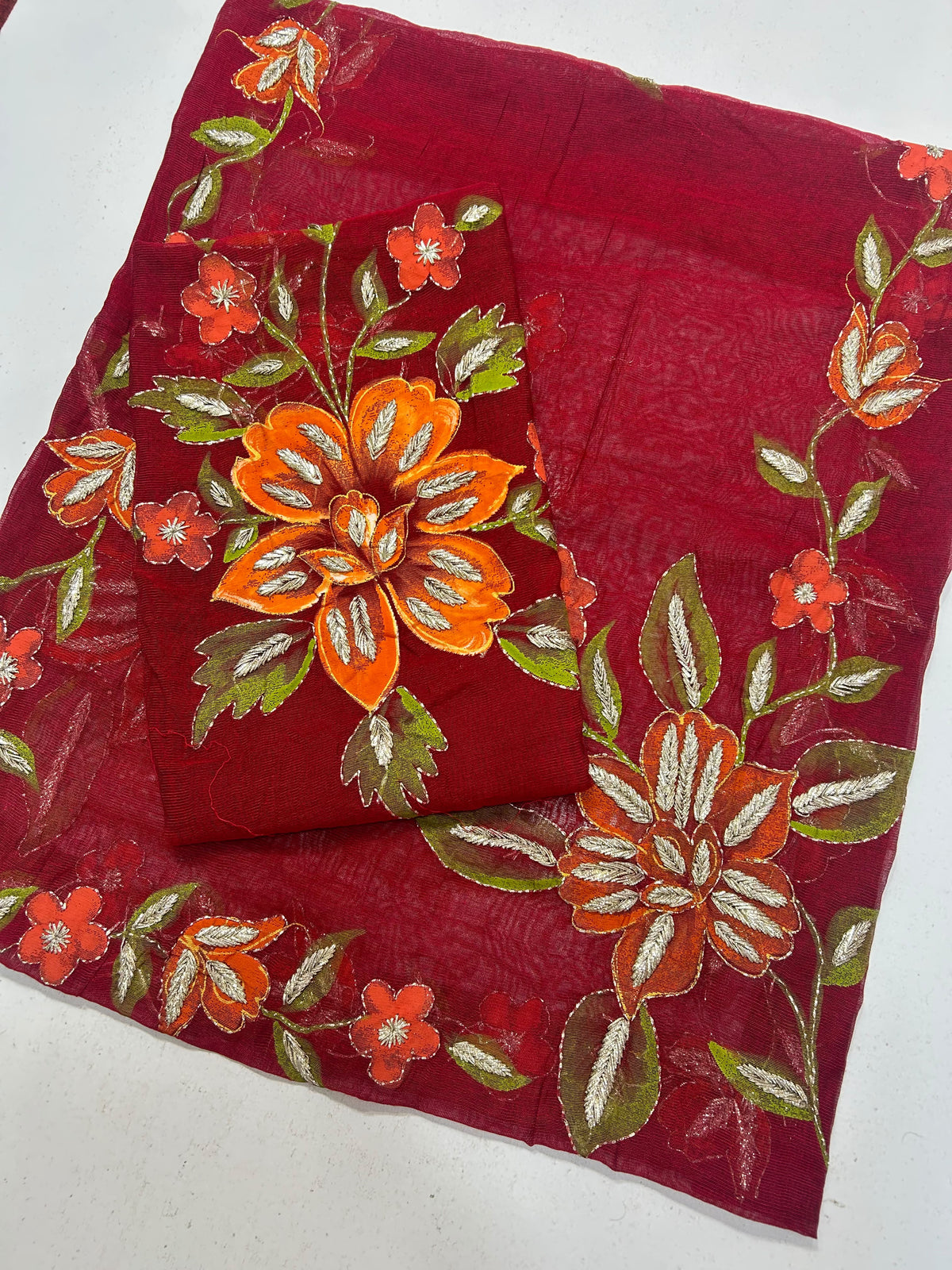 Brush Paint Marori Gota Work Suit - 2Pc Shirt & Dupatta - Maroon & Orange