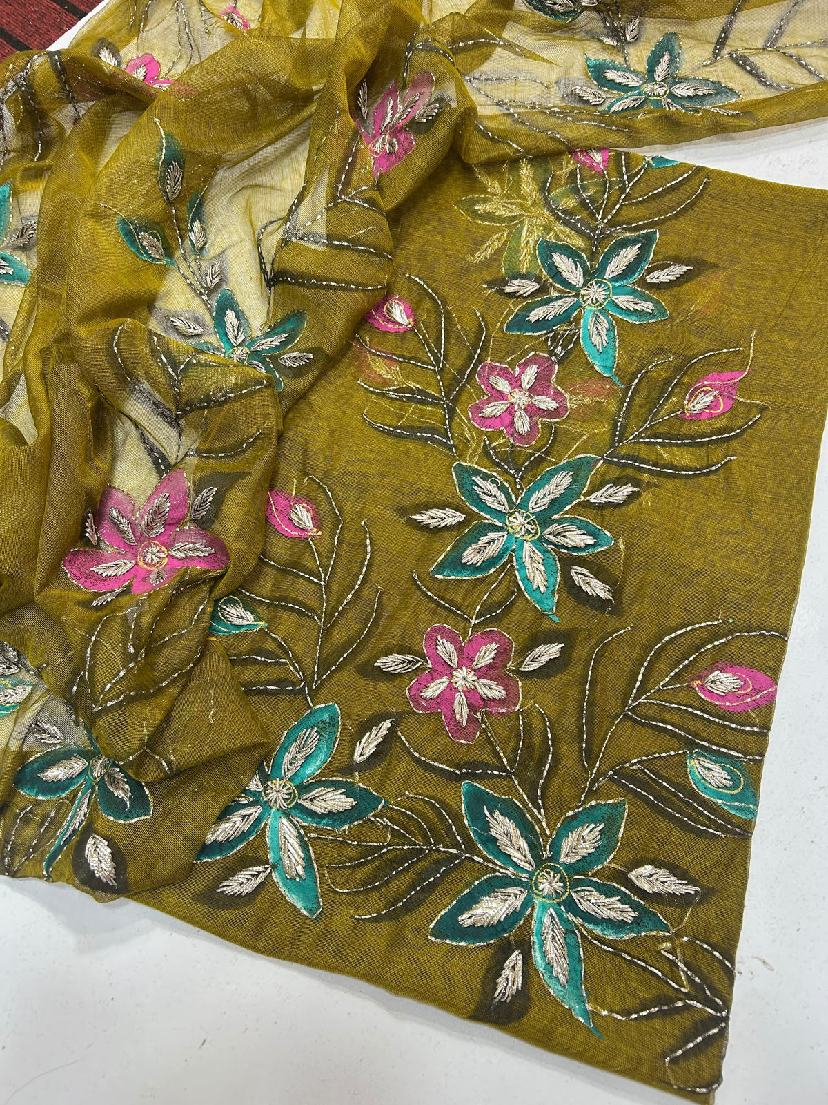 Brush Paint Marori Gota Work Suit - 2Pc Shirt & Dupatta - Mehndi Green & Teal