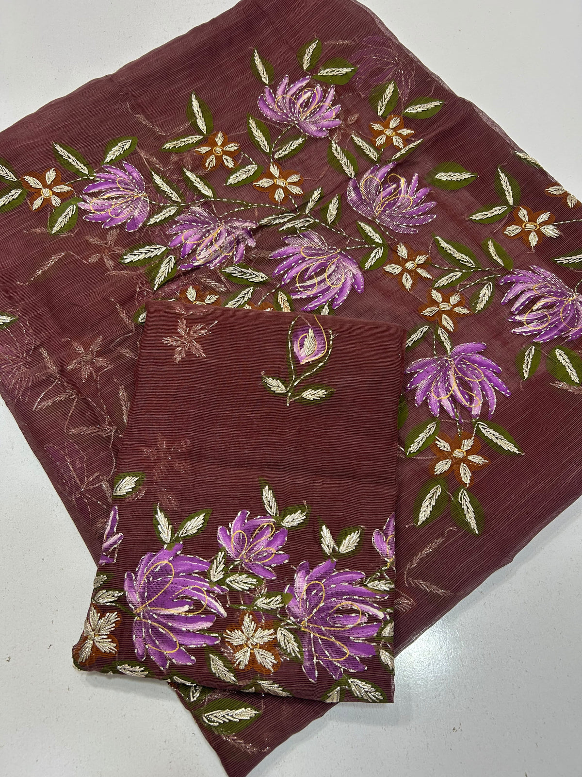 Brush Paint Marori Gota Work Suit - 2Pc Shirt & Dupatta - Mocha & Purple