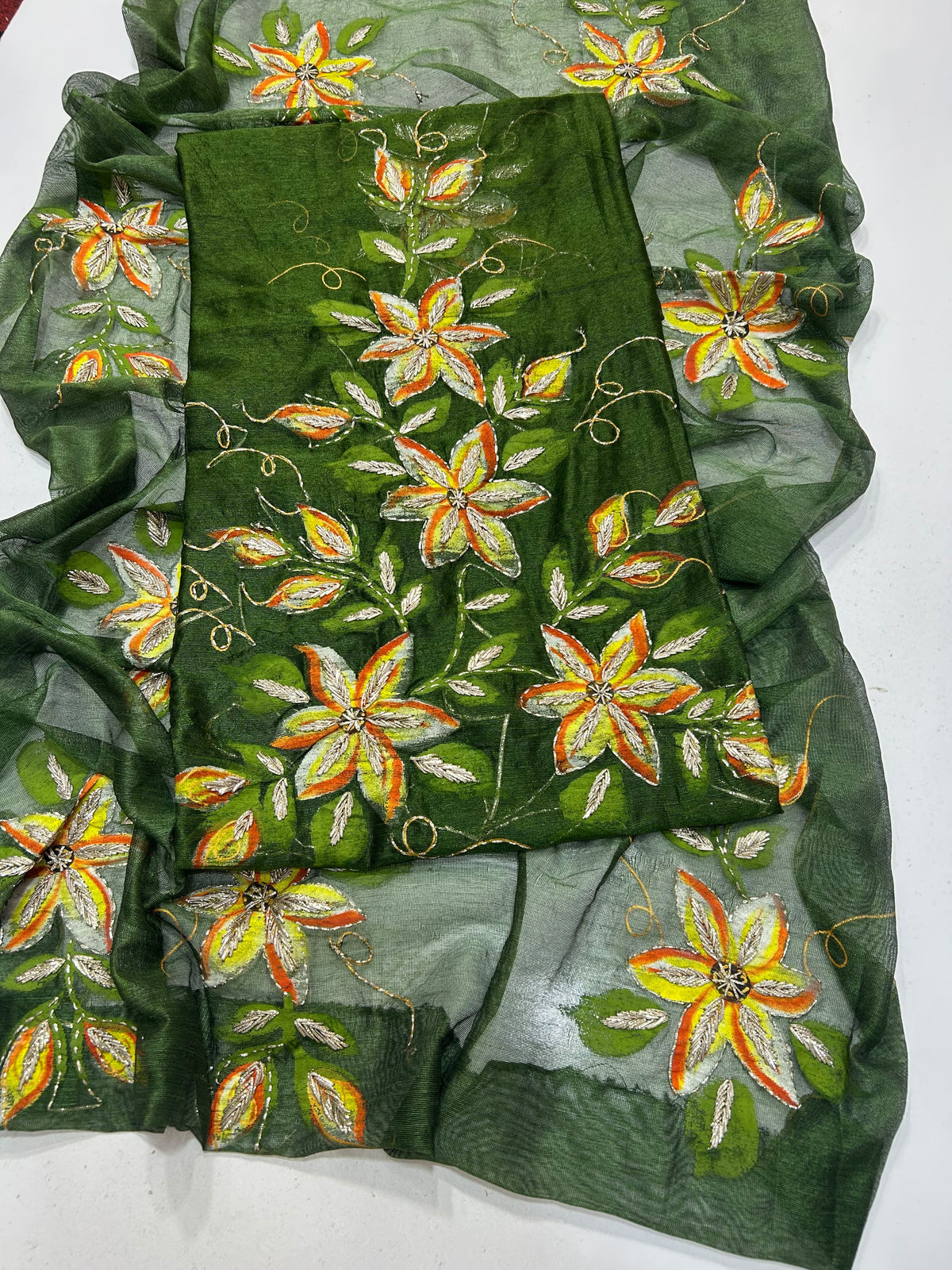 Brush Paint Marori Gota Work Suit - 2Pc Shirt & Dupatta - Moss Green & Amber