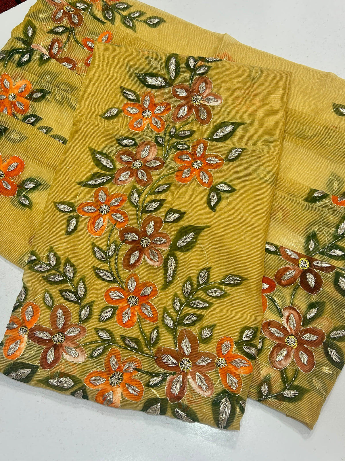 Brush Paint Marori Gota Work Suit - 2Pc Shirt & Dupatta - Mustard & Rust
