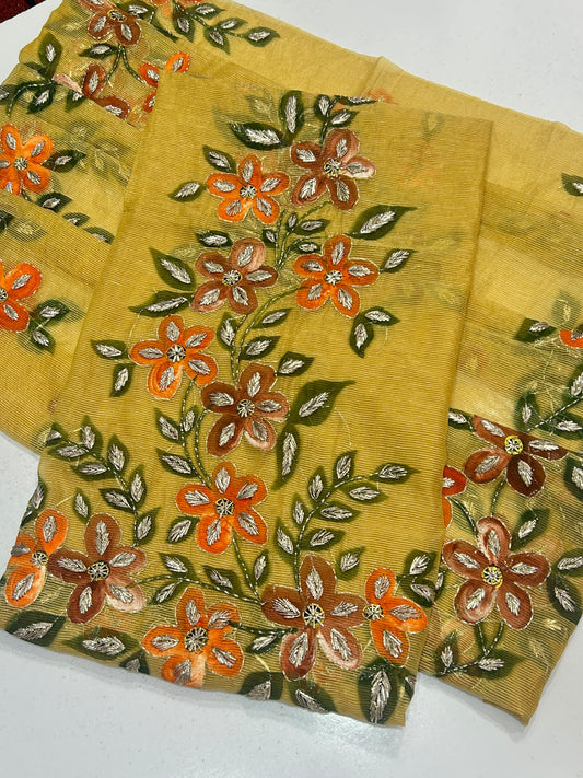 Brush Paint Marori Gota Work Suit - 2Pc Shirt & Dupatta - Mustard & Rust