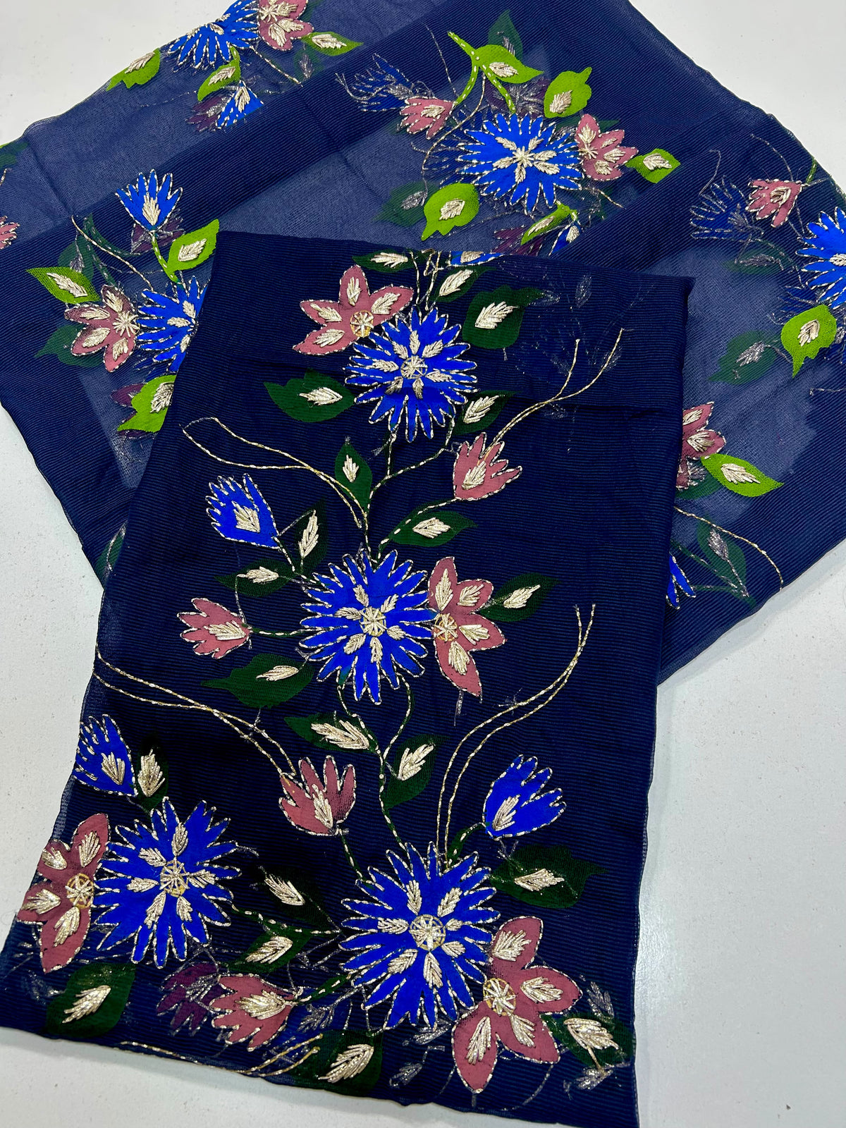 Brush Paint Marori Gota Work Suit - 2Pc Shirt & Dupatta - Navy & Sky Blue