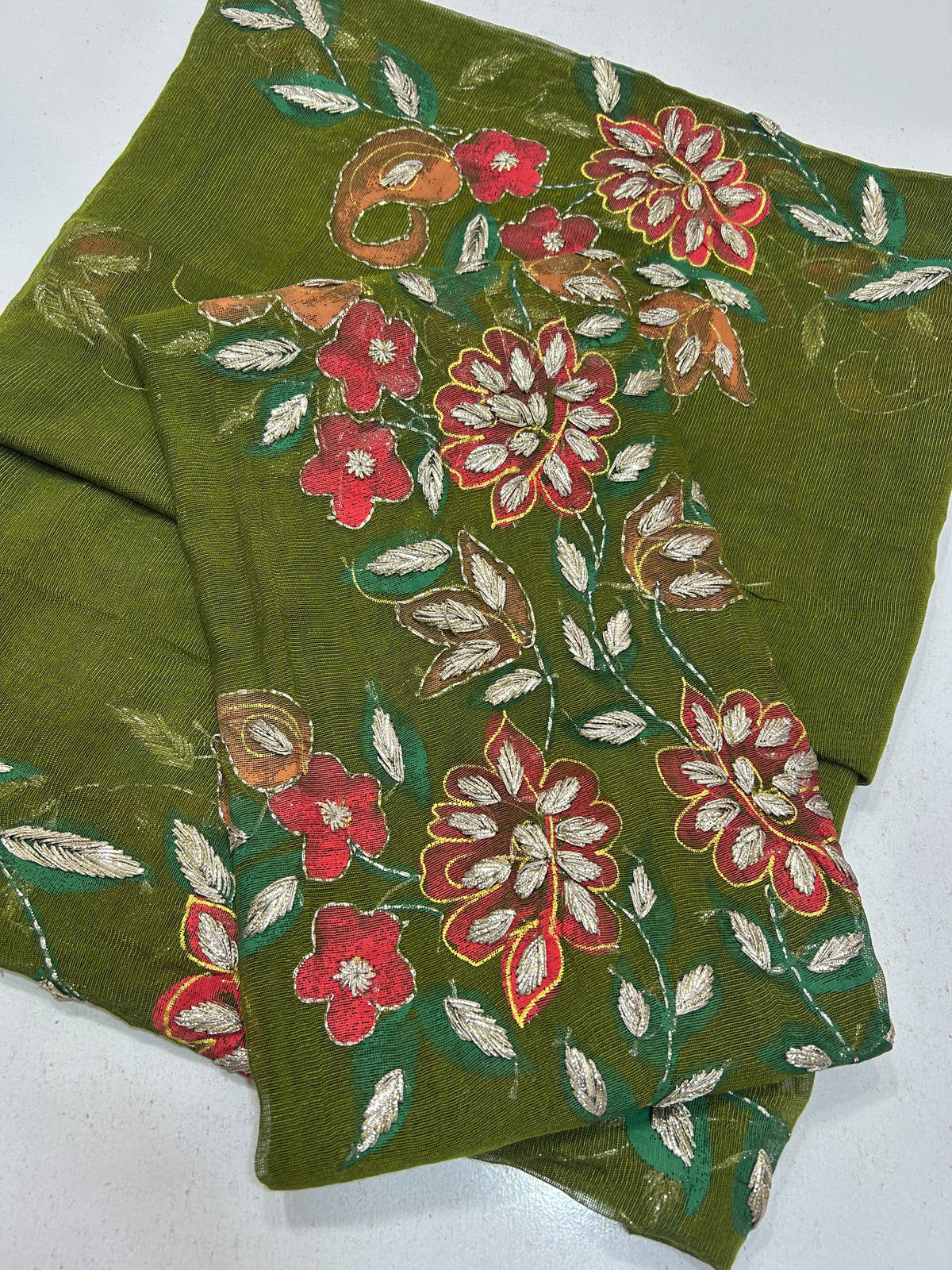 Brush Paint Marori Gota Work Suit - 2Pc Shirt & Dupatta - Olive Green & Red