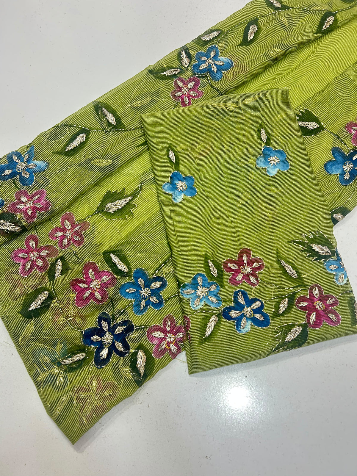 Brush Paint Marori Gota Work Suit - 2Pc Shirt & Dupatta - Parrot Green & Multi
