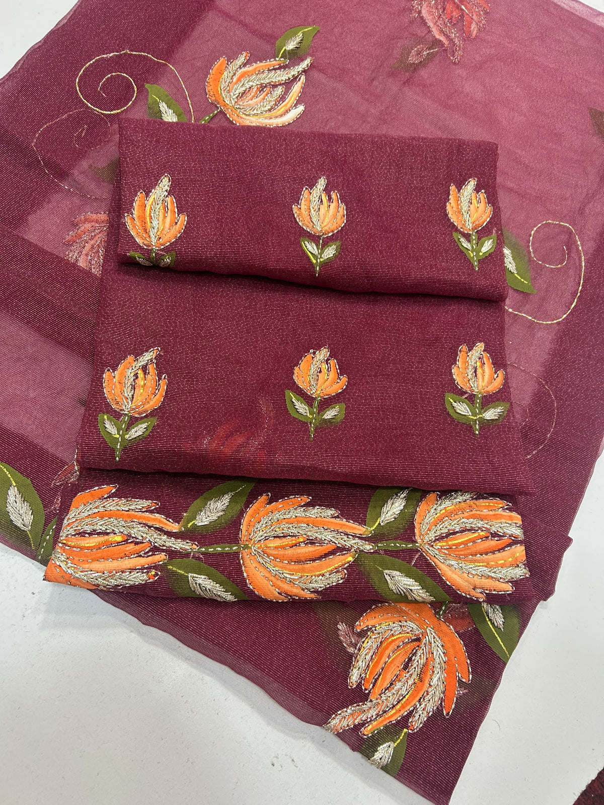 Brush Paint Marori Gota Work Suit - 2Pc Shirt & Dupatta - Wine & Orange