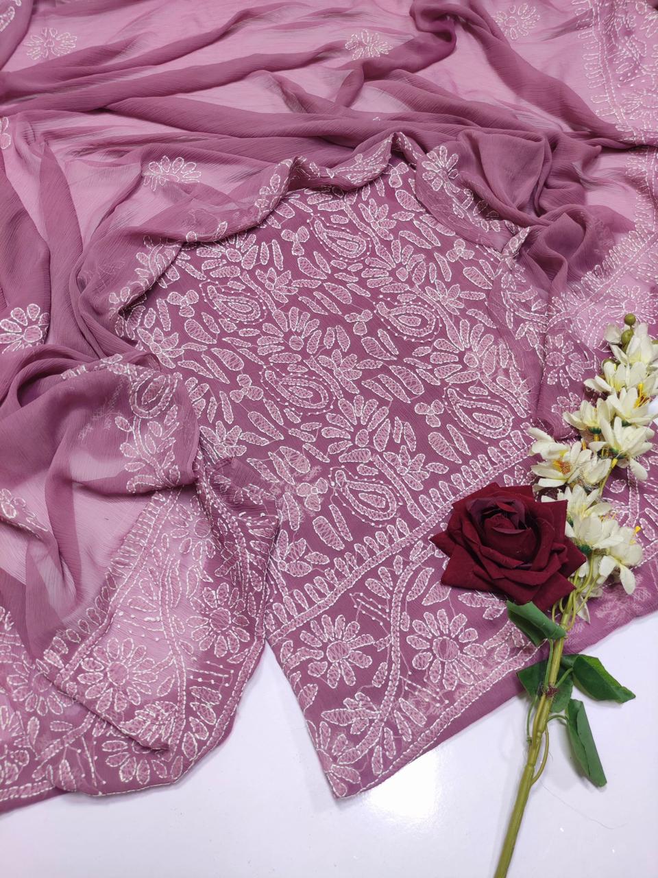 Handmade Chikankari Suit - 2Pc Shirt & Dupatta - Dusty Rose