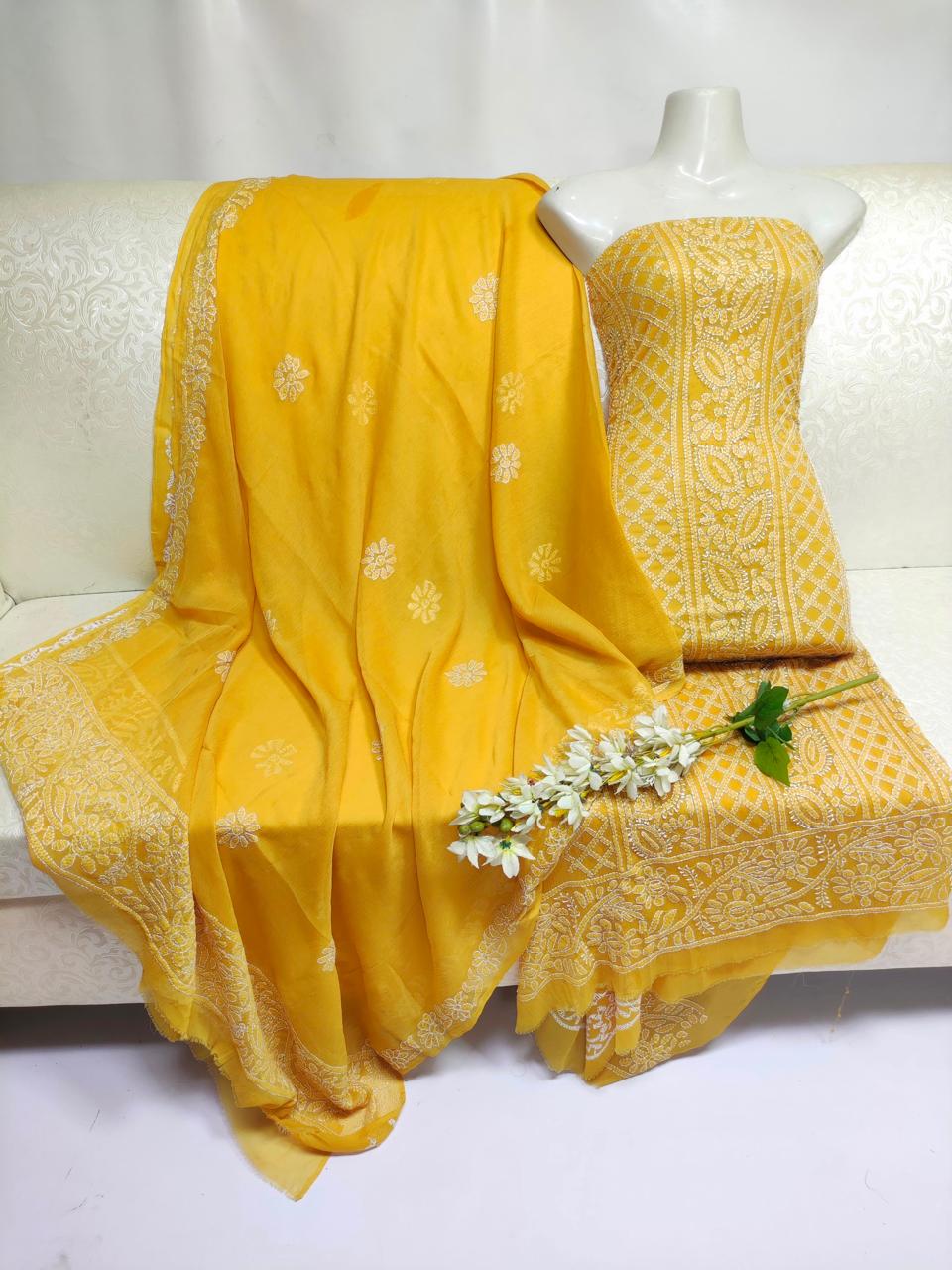Handmade Chikankari Suit - 2Pc Shirt & Dupatta - Golden Mustard
