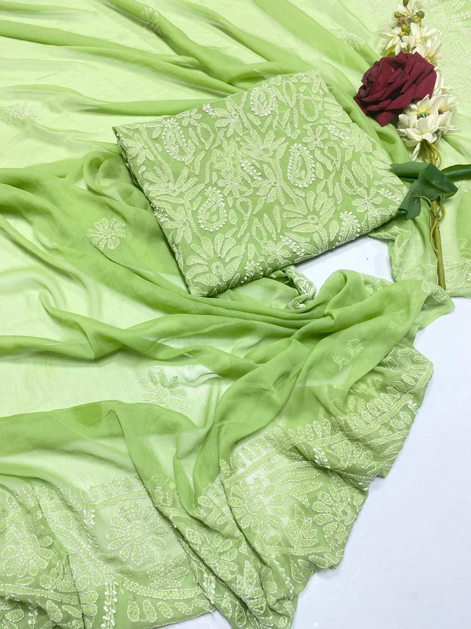 Handmade Chikankari Suit - 2Pc Shirt & Dupatta - Grass Green
