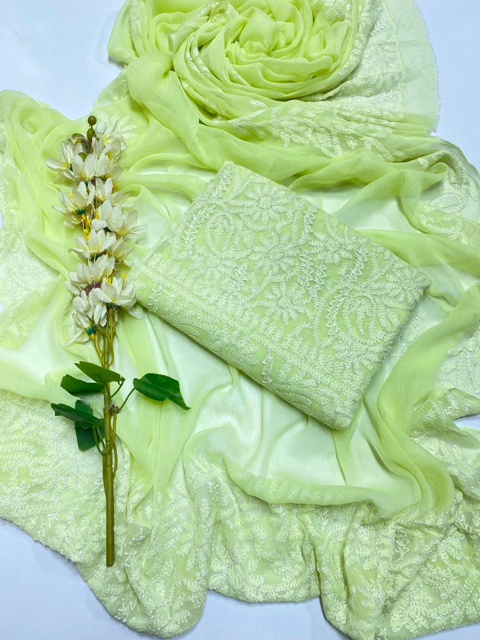Handmade Chikankari Suit - 2Pc Shirt & Dupatta - Lime Green