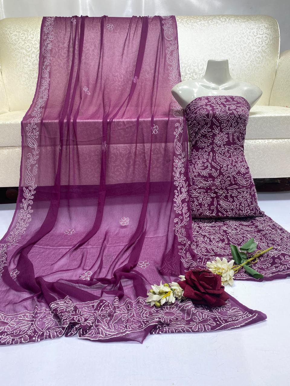 Handmade Chikankari Suit - 2Pc Shirt & Dupatta - Magenta