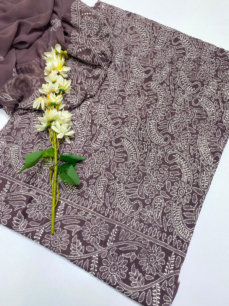 Handmade Chikankari Suit - 2Pc Shirt & Dupatta - Mauve Brown