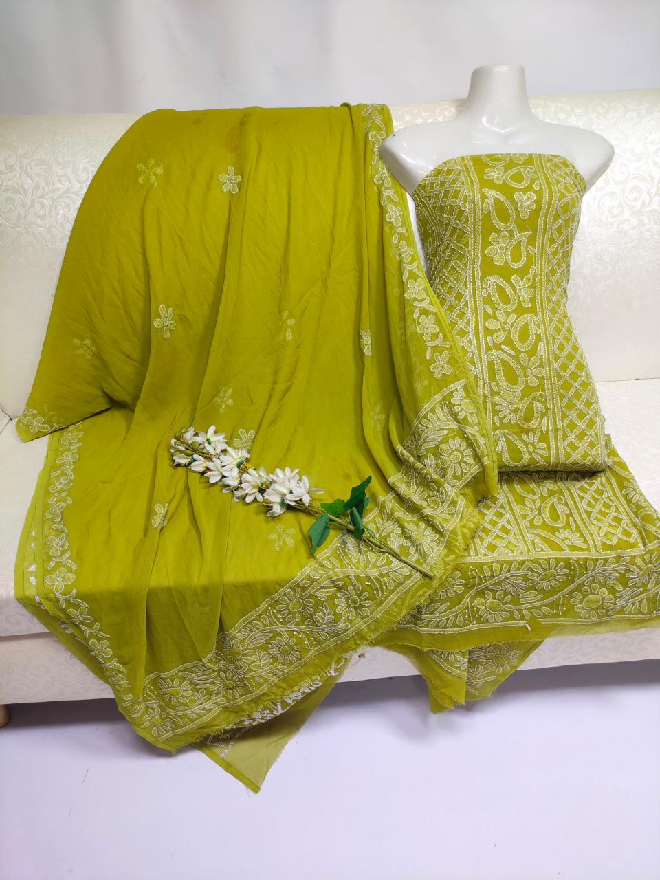 Handmade Chikankari Suit - 2Pc Shirt & Dupatta - Mehndi Green