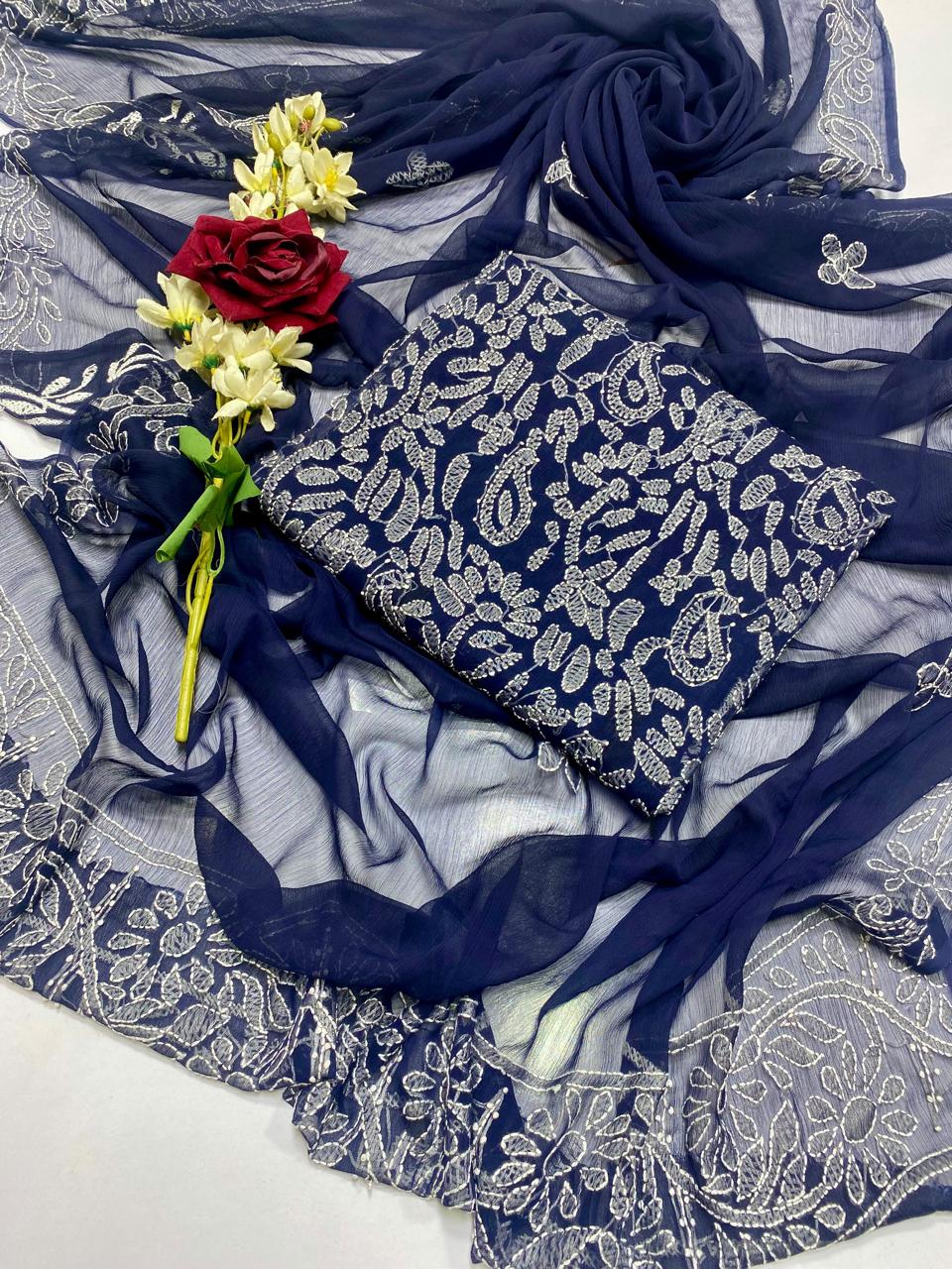 Handmade Chikankari Suit - 2Pc Shirt & Dupatta - Navy Blue