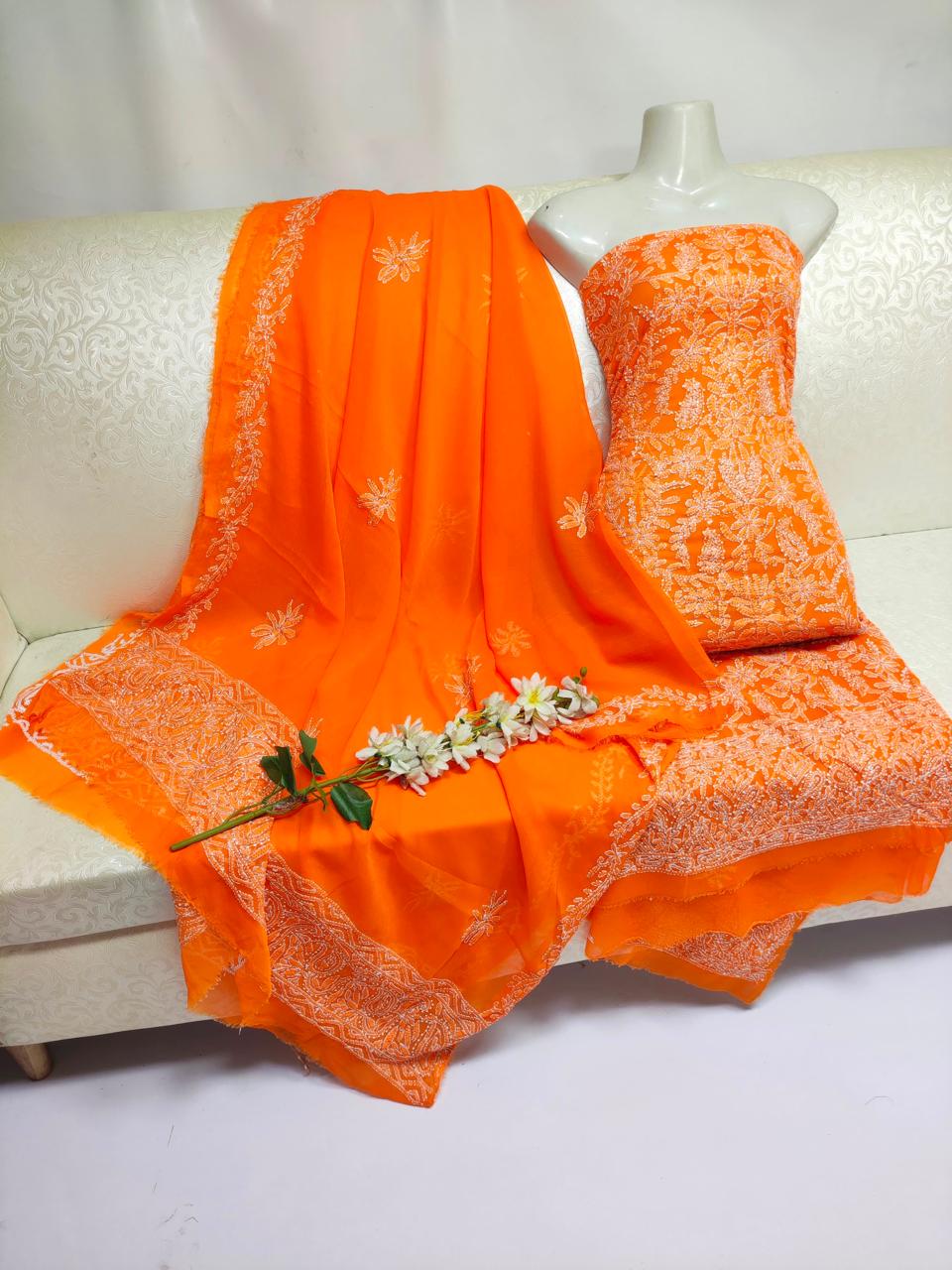 Handmade Chikankari Suit - 2Pc Shirt & Dupatta - Orange
