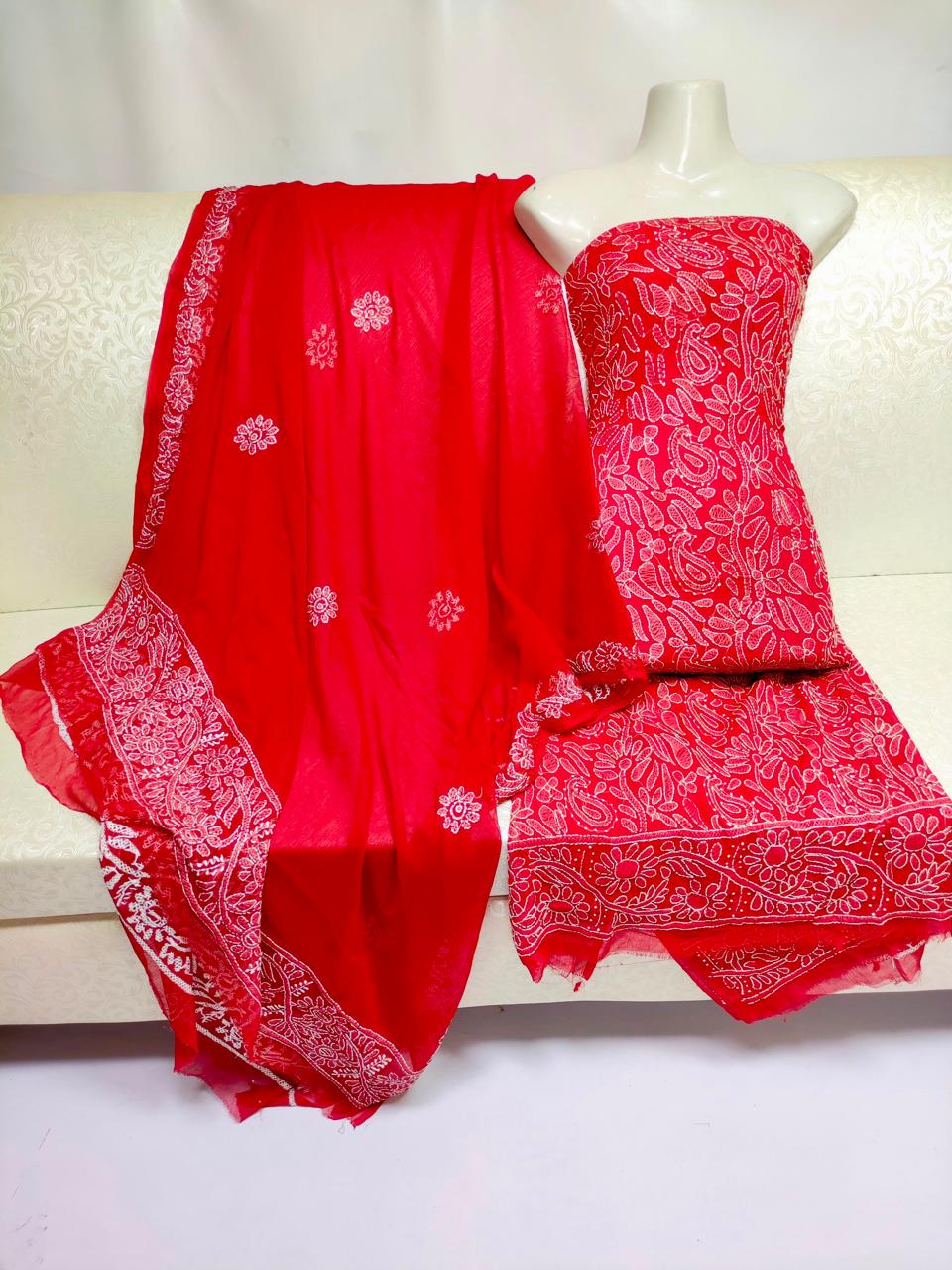 Handmade Chikankari Suit - 2Pc Shirt & Dupatta - Red