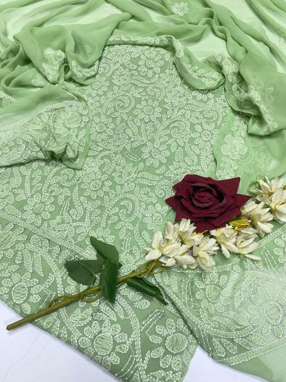 Handmade Chikankari Suit - 2Pc Shirt & Dupatta - Sage Green
