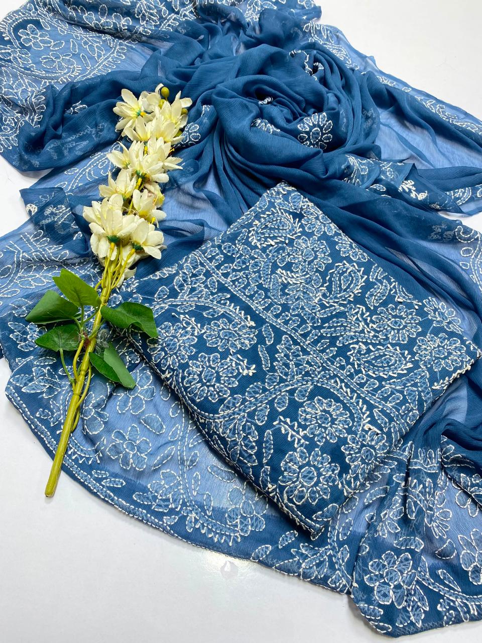 Handmade Chikankari Suit - 2Pc Shirt & Dupatta - Steel Blue