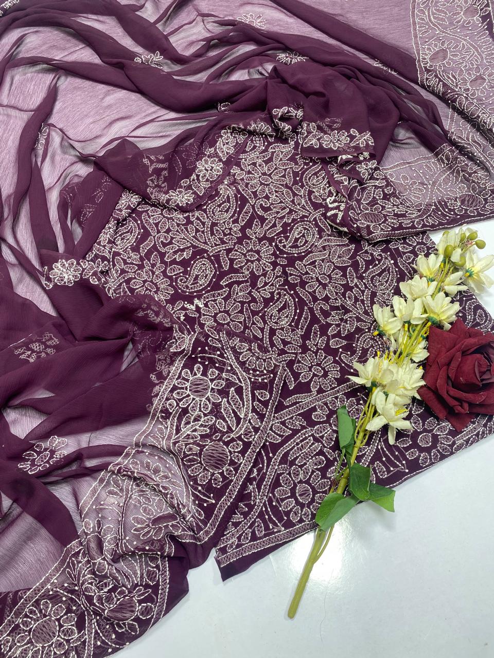 Handmade Chikankari Suit - 2Pc Shirt & Dupatta - Wine Plum