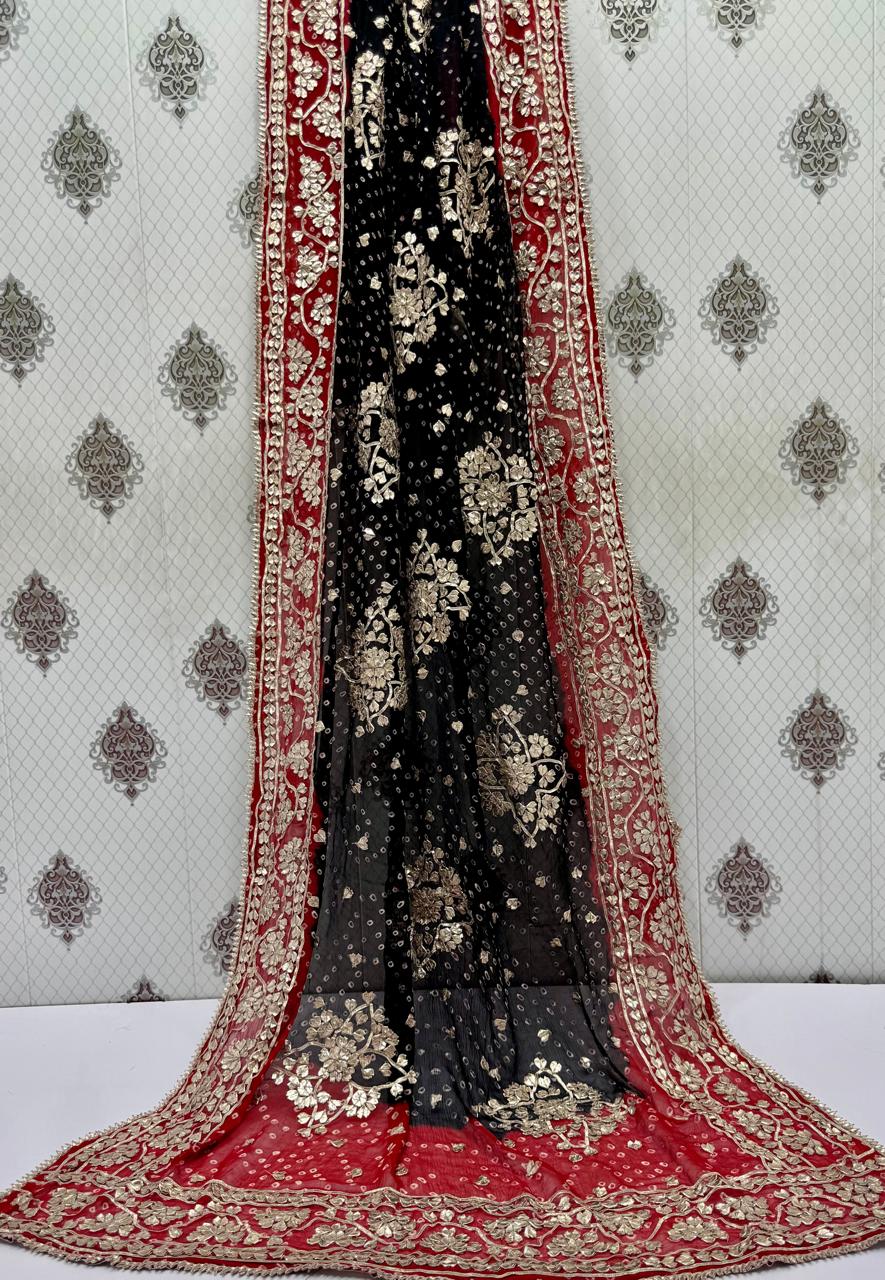 Handmade Chunri & LCD Gota Work Bamber Chiffon Dupatta - Black & Red (another view)