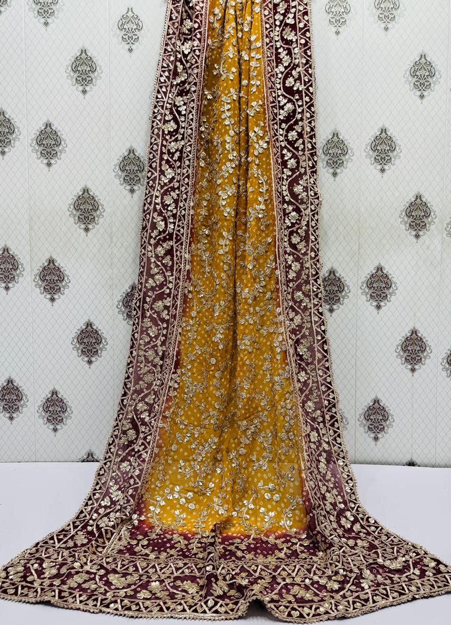 Handmade Chunri & LCD Gota Work Bamber Chiffon Dupatta - Mustard & Maroon