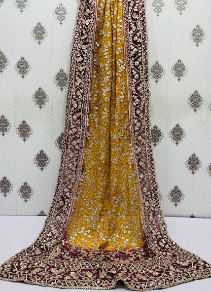 Handmade Chunri & LCD Gota Work Bamber Chiffon Dupatta - Mustard & Maroon