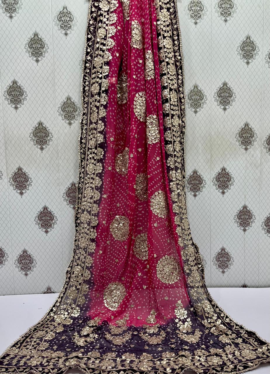 Handmade Chunri & LCD Gota Work Bamber Chiffon Dupatta - Hot Pink & Purple