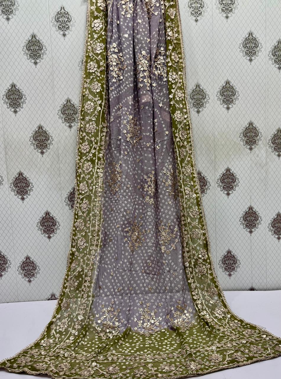 Handmade Chunri & LCD Gota Work Bamber Chiffon Dupatta - Grey & Mehndi Green (another view)