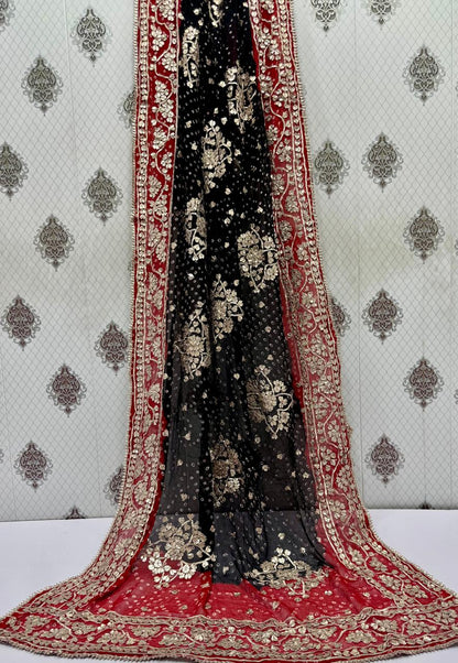 Handmade Chunri & LCD Gota Work Bamber Chiffon Dupatta - Black & Red