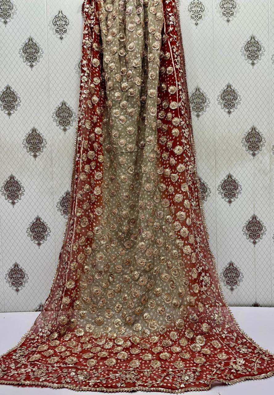 Handmade Chunri & LCD Gota Work Bamber Chiffon Dupatta - Skin & Red