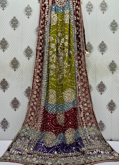 Handmade Chunri & LCD Gota Work Bamber Chiffon Dupatta - Multicolour