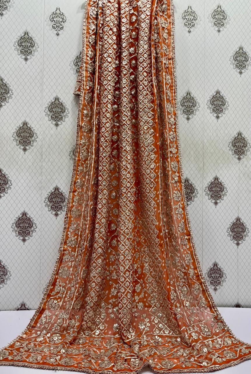 Handmade Chunri & LCD Gota Work Bamber Chiffon Dupatta - Orange