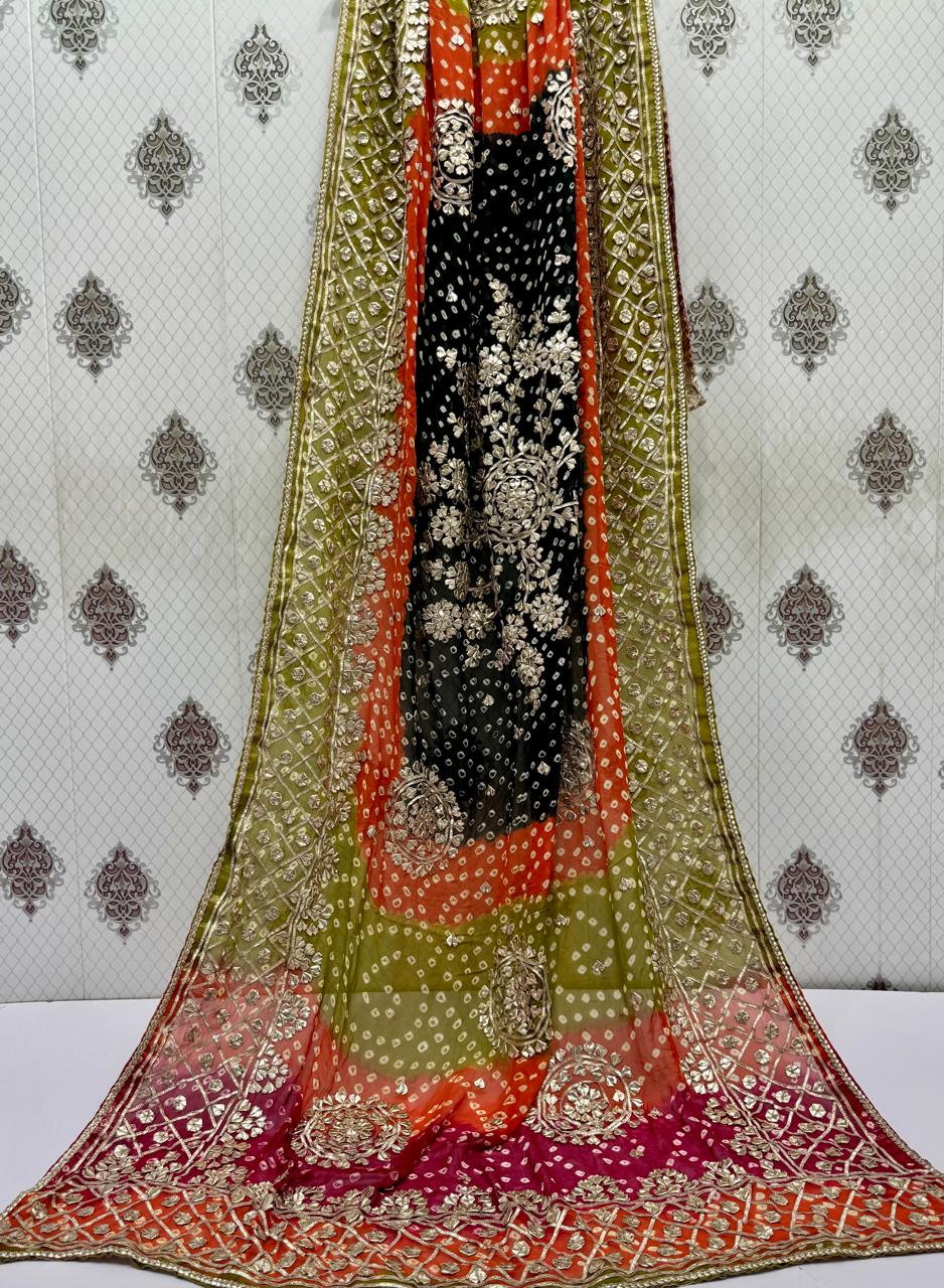 Handmade Chunri & LCD Gota Work Bamber Chiffon Dupatta - Mehndi Green & Black